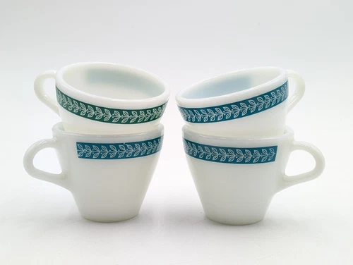 Pyrex Corning~Vtg 4 Teal Laurel Leaf Milk Glass~Coffee/Tea Cups D13