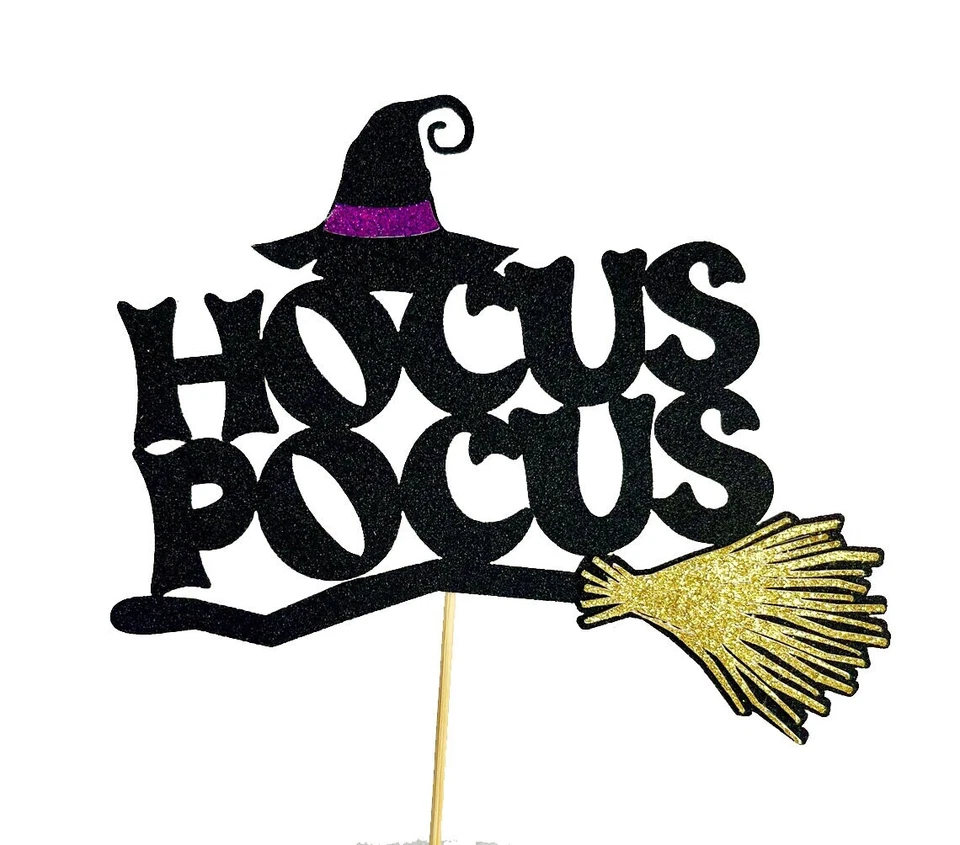 Brillo HOCUS POCUS con Escoba y Sombrero Diseño Halloween Pastel Topper 5" Alto Foto 2 de 2