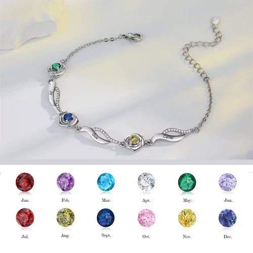 Personalized Birthstone Rose Bracelet - Custom 1-4 Names Family Birthstones - Picture 2 of 9