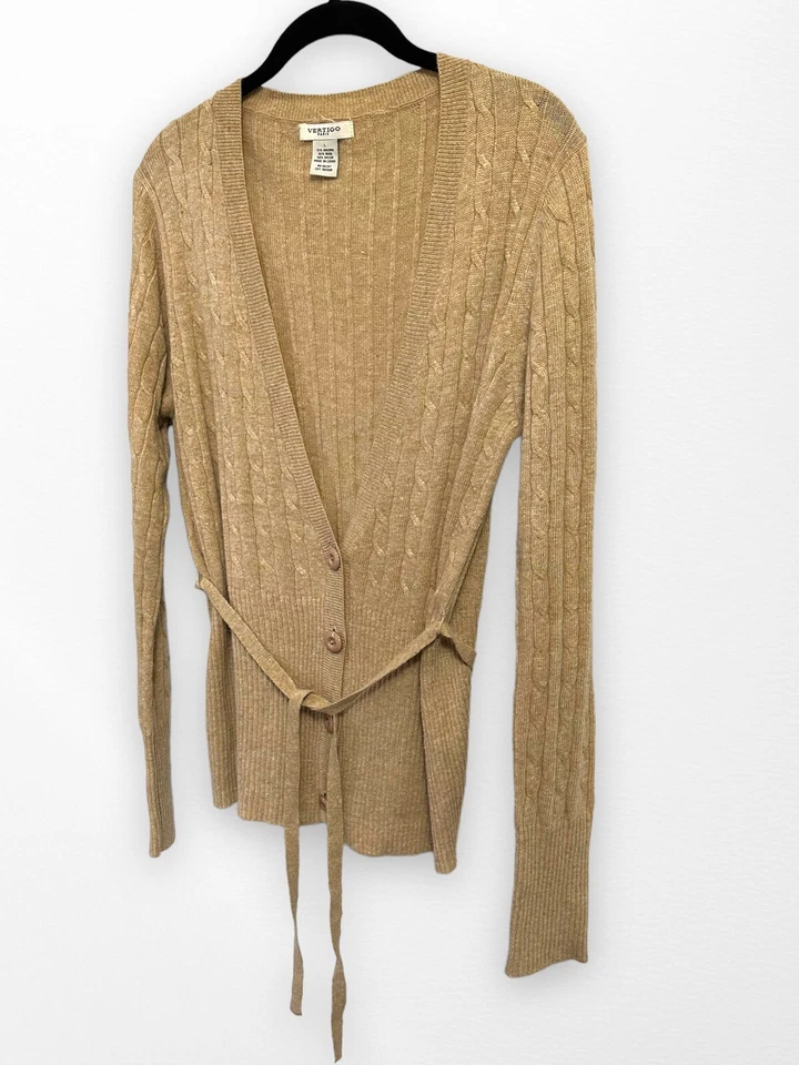 Vertigo Paris Brown Button Down Tie Belt Waist Cardigan Size Large Angora Wool - Image 3 of 4
