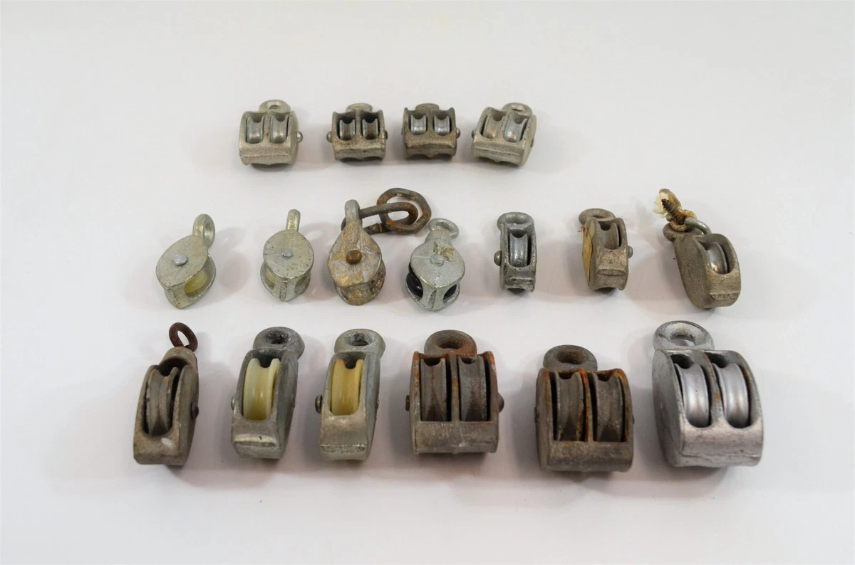 Miniature Pulley Wheel Lot of 17 Single Double Rigging Industrial Metal Vtg