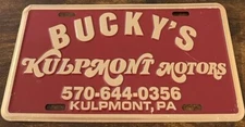 Bucky's Kulpmont Motors Dealership Booster License Plate Pennsylvania Dealer Car