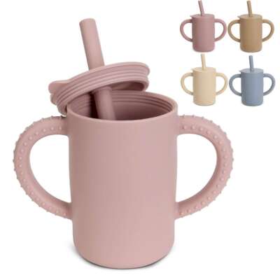 Toddler Cup Silicone Sippy Cup with Straw Snack Lid Anti Slip Handle Cups new