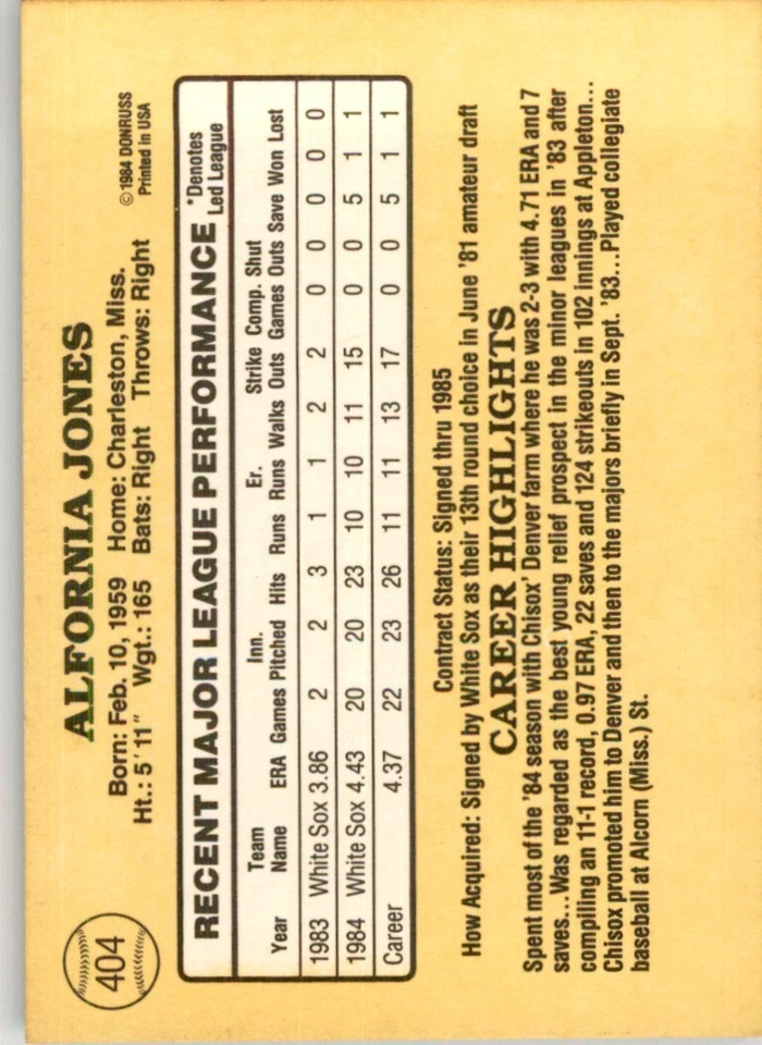 1985 Donruss Al Jones 100 Baseball Cards #404 - Image 2 of 2