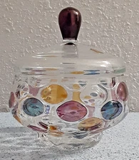 Vintage Nemo by Bohemia Crystal Thumbprint Multicolored Bowl/Candy Dish w/Lid
