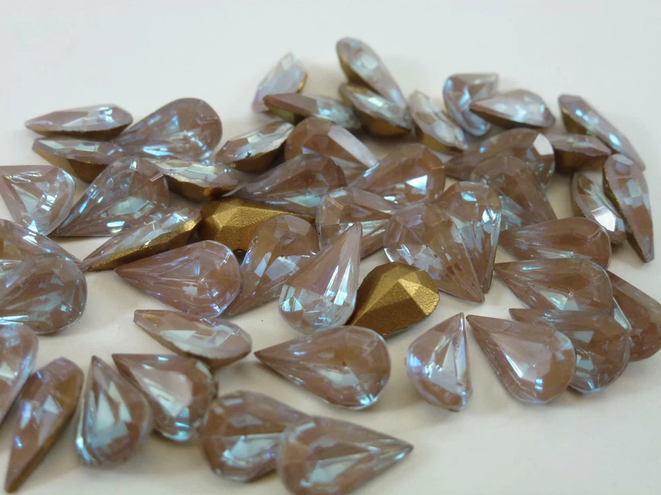 4 Rare Vintage Glass Rhinestones Pear Saphiret Gold TTC Foiled PB 10x6mm E6-3 - Image 3 of 4