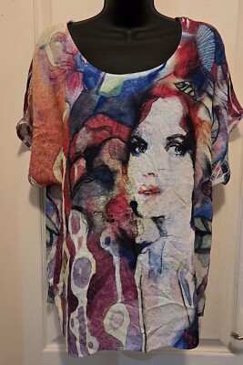 Art Print Face  Joo Bee USA  Top Blouse Bright Painting  Style Grahics Size L  
