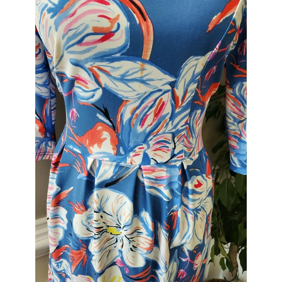 Vestido para mujer Aryeh floral azul nailon cuello redondo manga larga hasta la rodilla talla S Foto 3 de 4