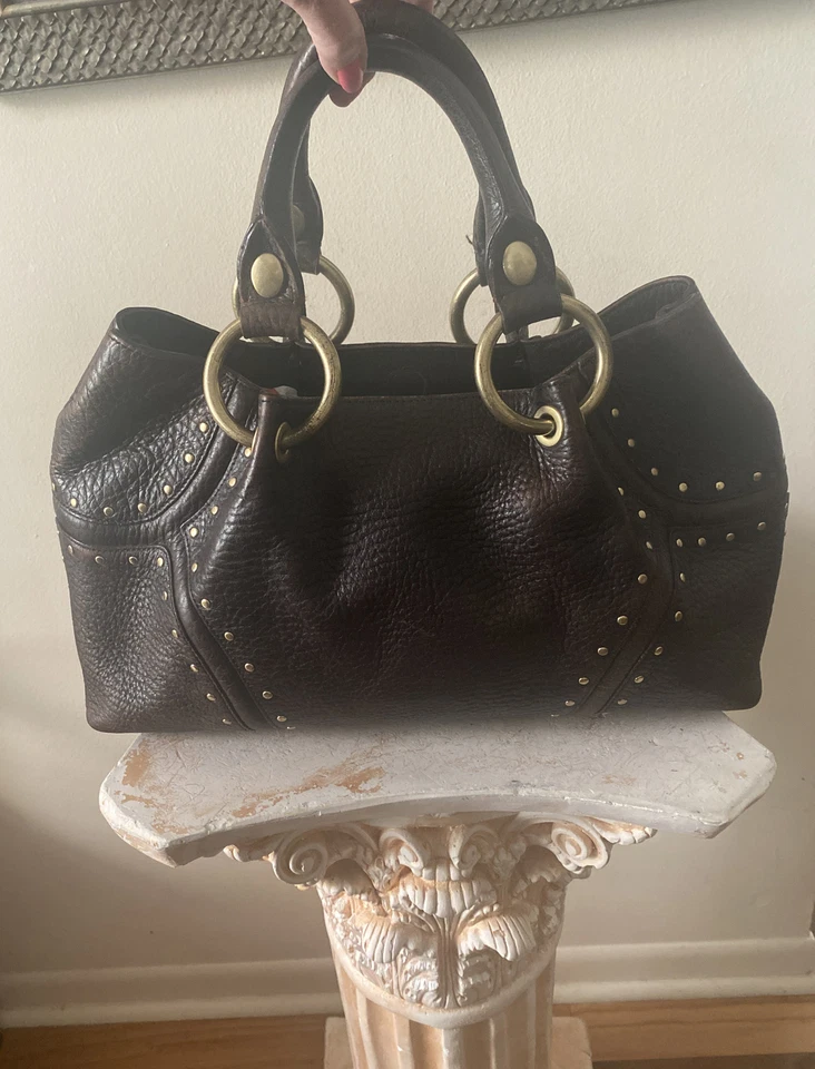 DE COLECCIÓN KENNETH COLE NUEVA YORK Latón Tachuela Cuero Marrón Motociclista Bolso Cartera Foto 2 de 4