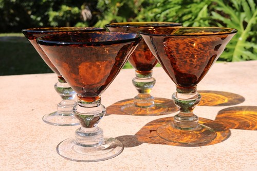 Schildkrötenschale Bernstein Glaswaren 4 Martini Sherbet Gläser klar dick Knopf Stamm - Bild 3 von 3