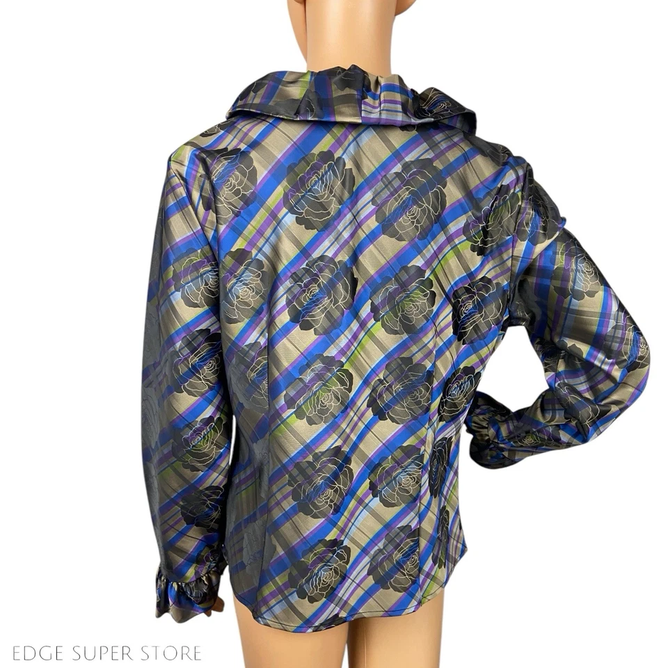 Blusa Top Samuel Dong Cuello Volantes Púrpura Azul Rosa Estampado Abotonada Talla Grande Foto 4 de 4