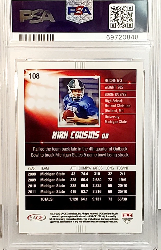 2012 SA-GE HIT RED Kirk Cousins #108 PSA 9 MINT RC ROOKIE SAGE Hit Red Parallel - Image 2 of 2