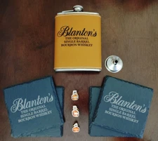 Blanton's Bourbon Gift Set - Flask, 4 Stone Coasters & 3 Lapel Pins (Rare)