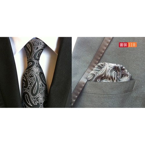 Men's Vines Paisley Flower Polka Dots Neck Tie Pocket Square Handkerchief Set - Picture 34 of 34