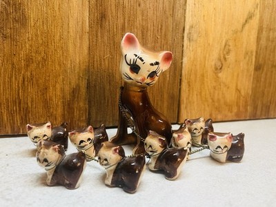 Vintage Porcelain Mama Kitty with 8 Kittens Made In Japan