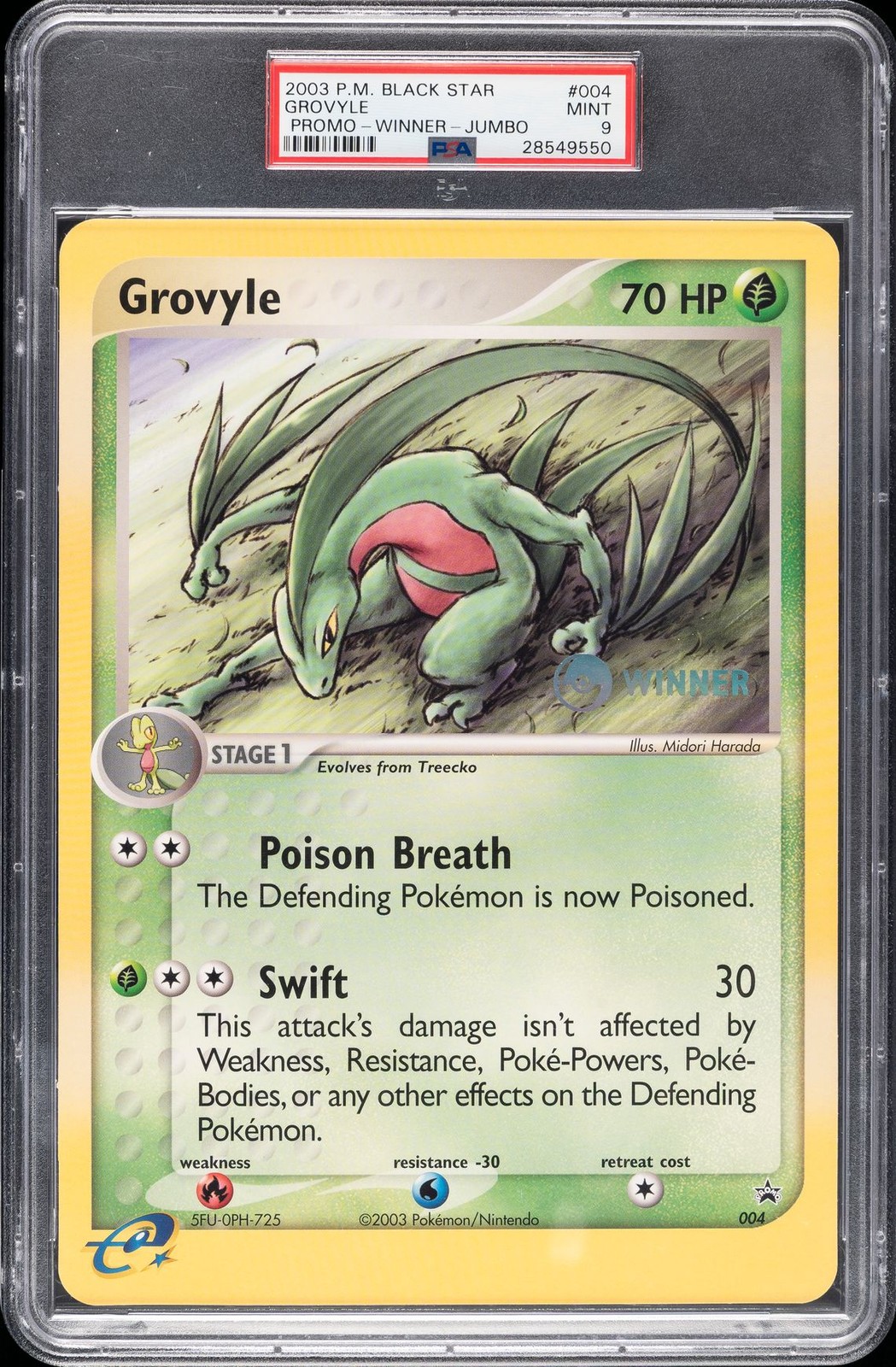 2003 POKEMON BLACK STAR PROMO WINNER-JUMBO #004 GROVYLE PSA 9