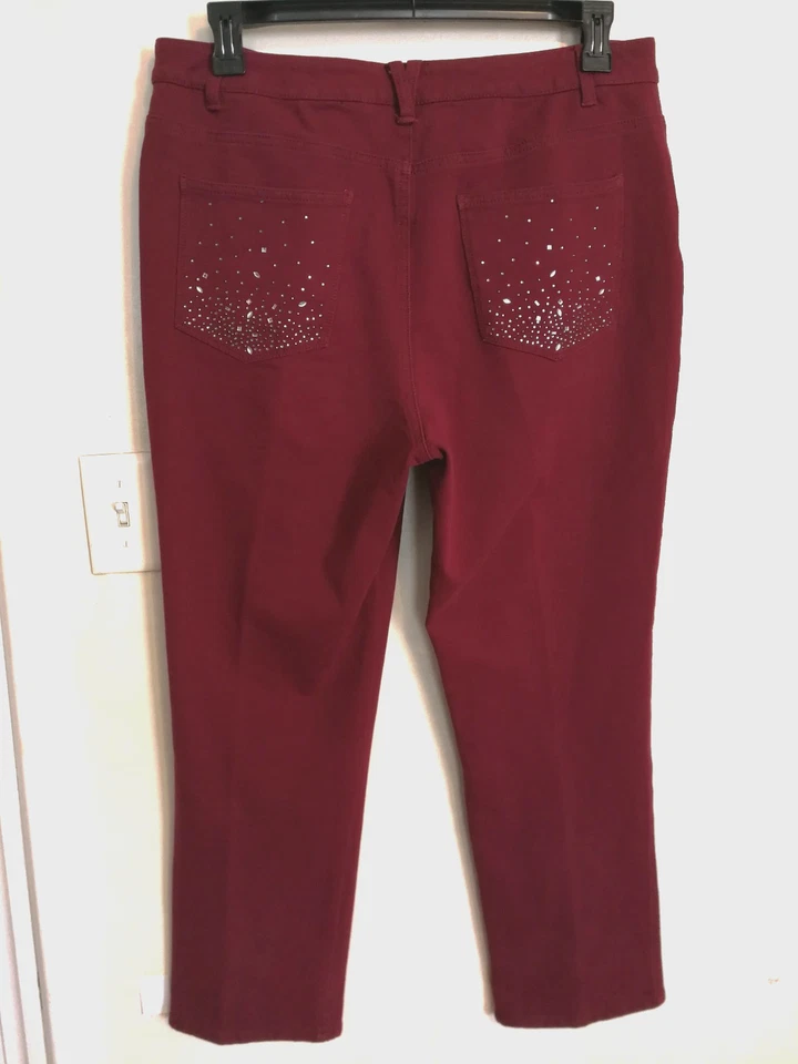 Quacker Factory Womens Pants 14 Short Maroon Stretch Pockets Rhinestone Hearts - Image 4 of 4