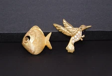 Vintage Crown TRIFARI Small Brushed Gold Tone Fish & Rhinestone Bird Brooch Lot