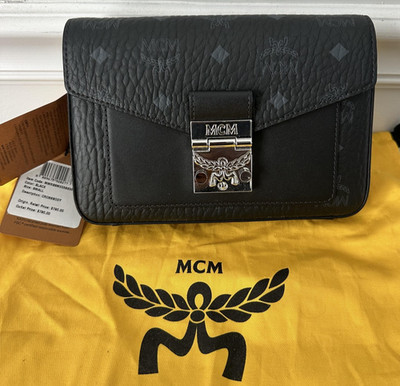 MCM Crossbody Bag Womens Small Black Logo Canvas Leather Push Lock Dust Bag