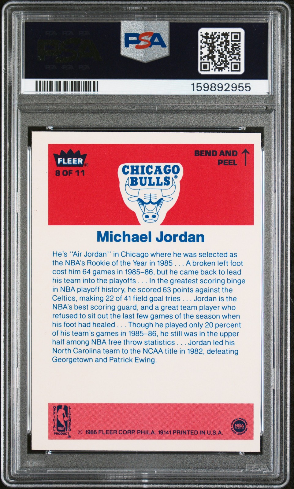 1986 FLEER STICKER #8 MICHAEL JORDAN ROOKIE RC PSA 7 view 2