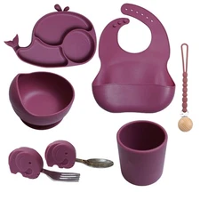 Silicone Baby Feeding Set 7 PCS Suction Bowl Plate Bib Cup Utensils 6 Months+