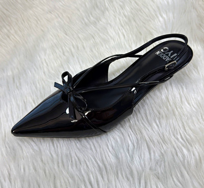 Madden NYC Black Patent Leather Pointed Toe Slingback Bow Buckle Heel Shoes 10