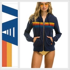 AVIATOR NATION Zip Up Hoodie Unisex Rainbow 5 Stripe Sweatshirt Navy Size M