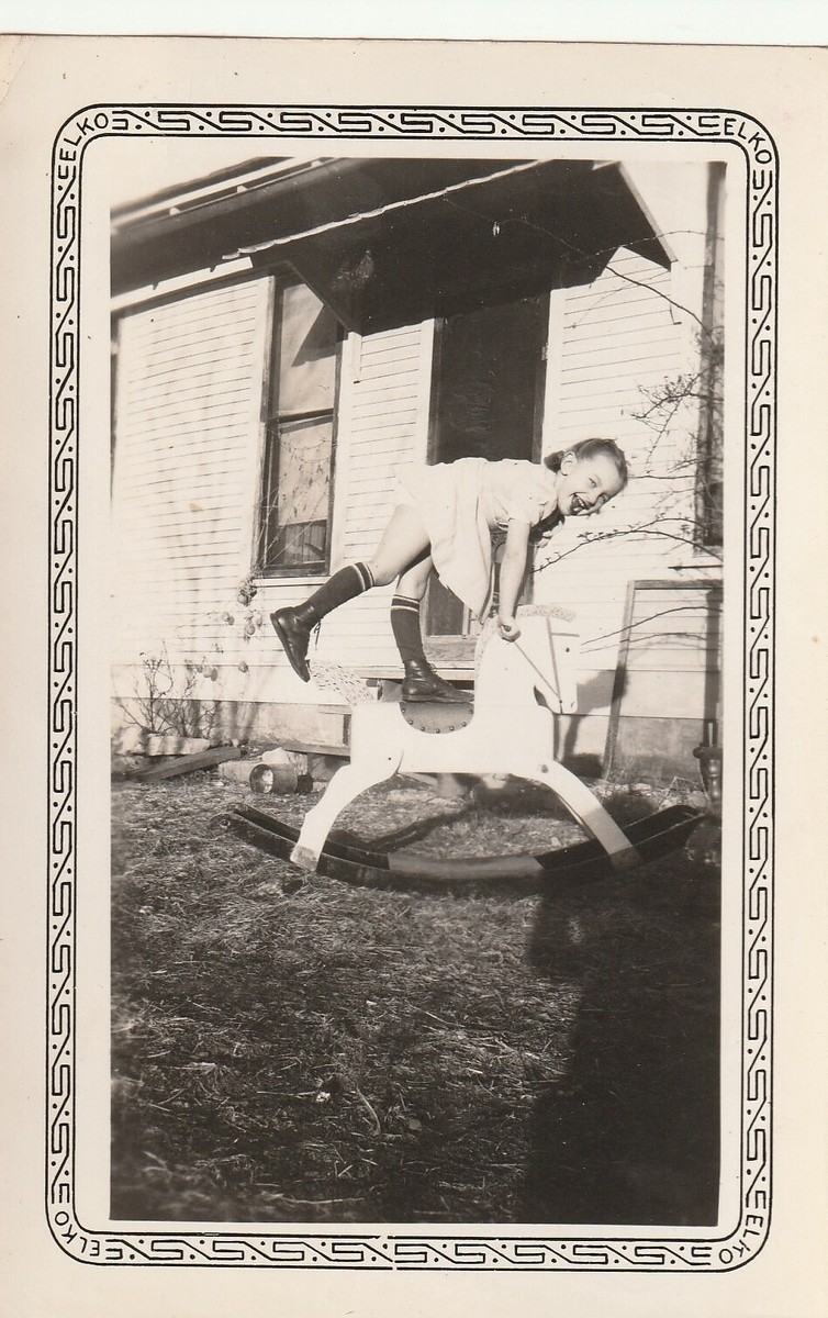 VINTAGE PHOTOSNAPSHOT - CUTE YOUNG GIRL TRICK RIDING ON WOODEN HORSE | eBay
