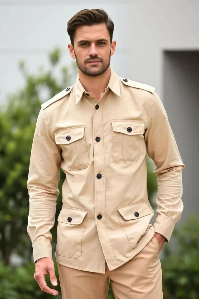 Chaqueta Safari Vintage Beige Para Hombre Multi Bolsillo Exterior Informal Caza Abrigo Pantalón Foto 2 de 4