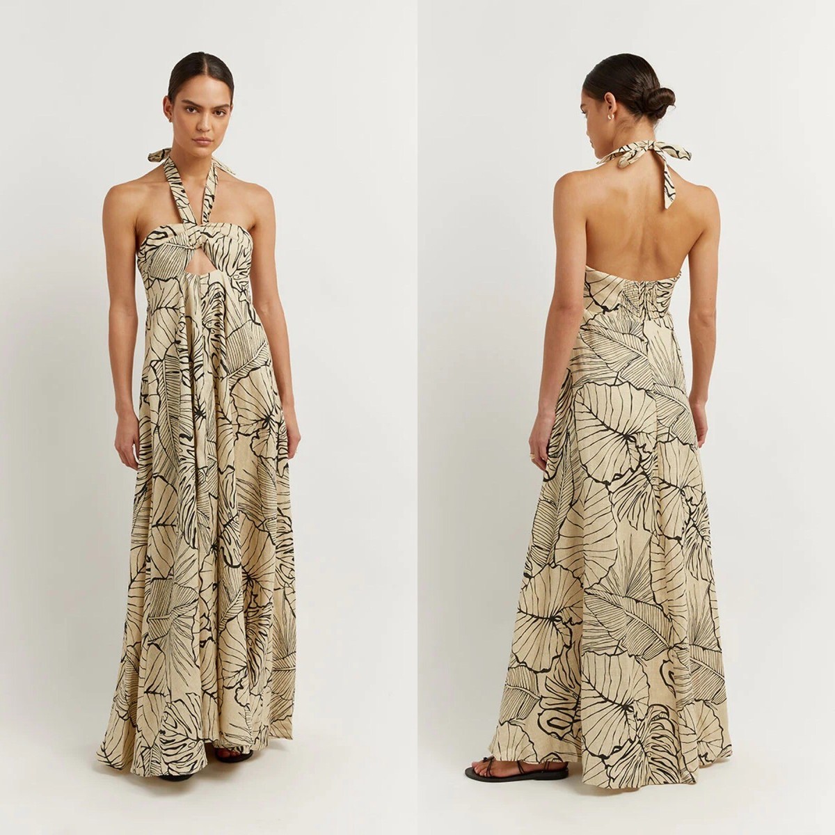 Dissh Malta Palm Linen Halter Maxi Dress Size US 4