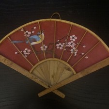 Vintage Hand Painted Fixed Handheld Bamboo Fan Red Fabric Bird On Branch