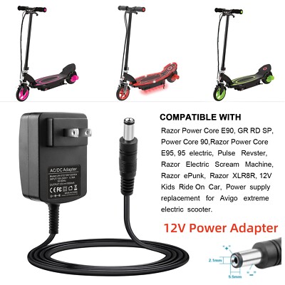 12V Power Adapter for Razor Power Core 90 E90 E95 95 Charger ePunk XLR8R Scooter