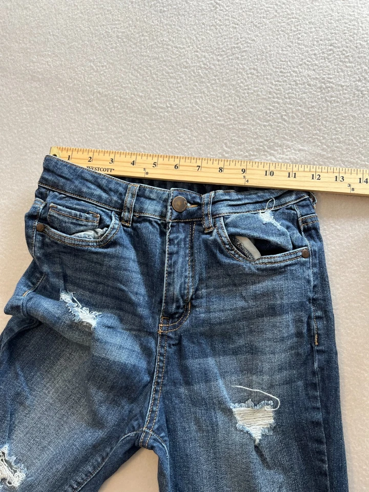 Pantalones de mezclilla ajustados para casa de muñecas niñas talla 3 azules tiro alto desgastados deshilachados elásticos Foto 4 de 4