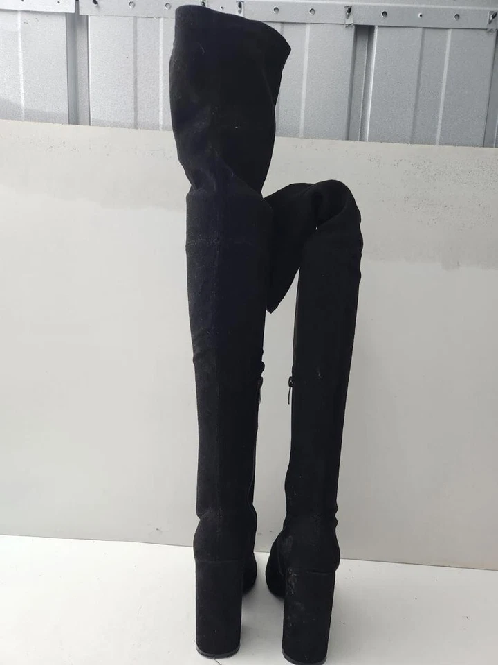 Bota Public Desire para mujer de gamuza negra con cremallera/tacón por encima de la rodilla UK 6 EU 39-A147 Foto 4 de 4