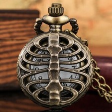 Bronze Small Charming Pocket Watch Hollow Skeleton Quartz Analog Necklace Chain