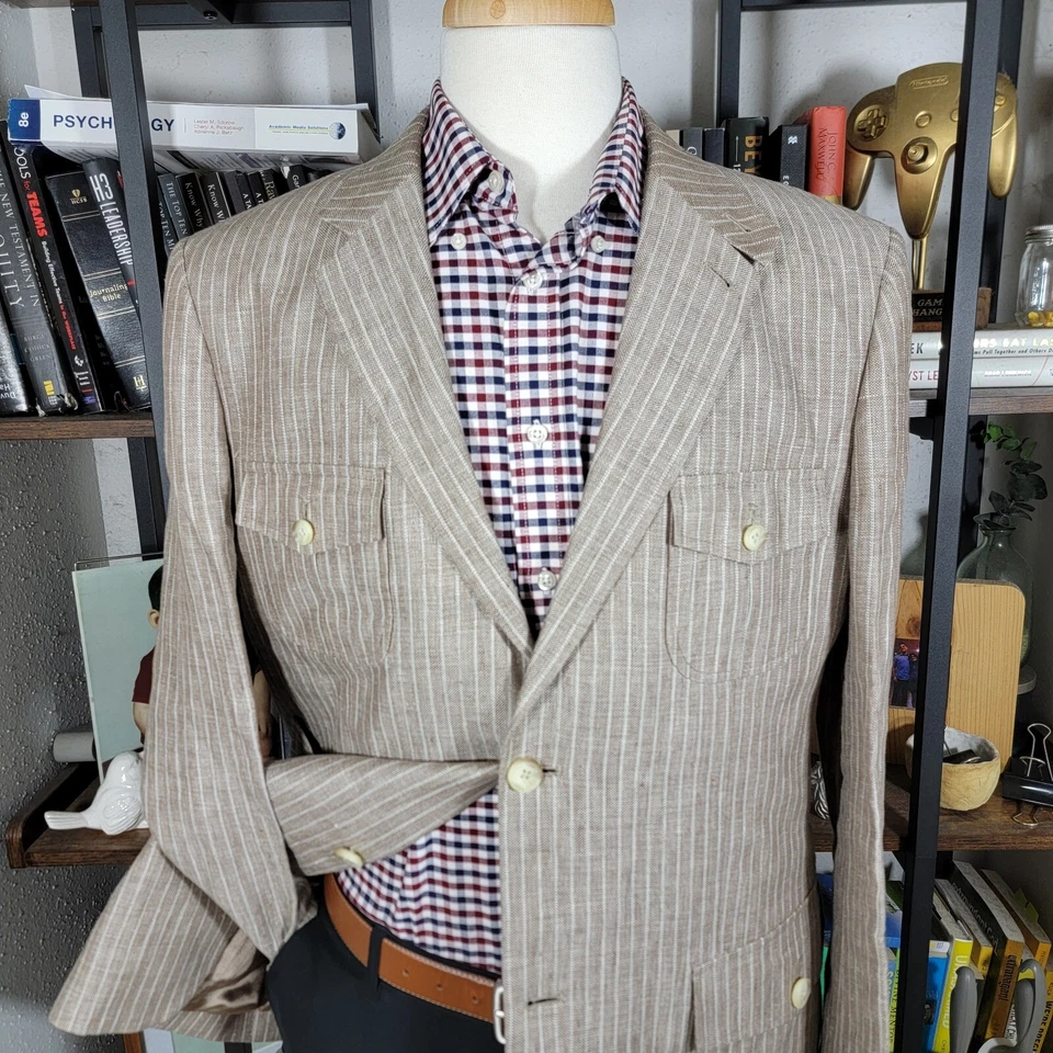 Perry Ellis Men's Sport Coat Blazer Two Button Brown Striped 100% Linen Size 42R - Image 2 of 4