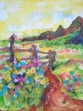 Original ACEO  -  COLORFUL WILDFLOWERS HILLS MOUNTAIN TRAIL  Landscape  Painting