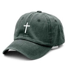 Green Cross Embroidered Christian Baseball Cap, Washed, Adjustable Hat, Jesus