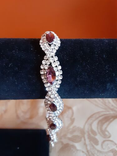 Vintage 90's Rhinestone & Pink Glass  Bracelet ~Lobster Clasp - Picture 1 of 8