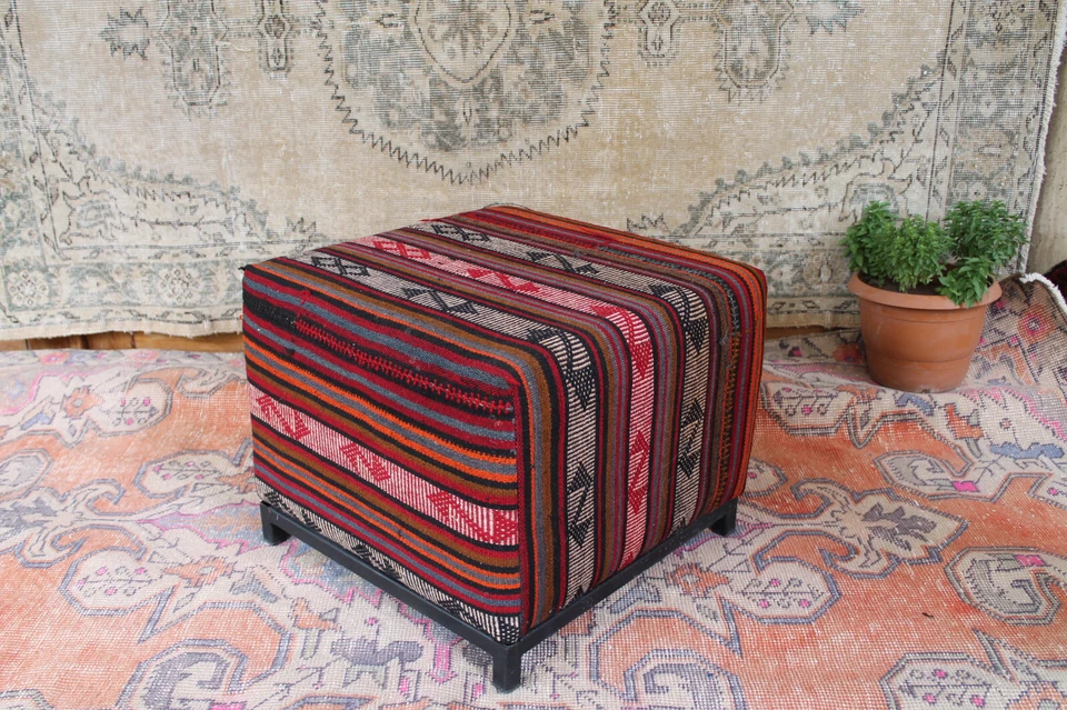 Handmade Oriental Kilim Pouf – Vintage Boho Ottoman Footstool Upholstered - Image 4 of 4