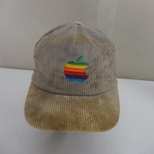 Vintage Apple Computer Rainbow Logo Corduroy Snapback Hat Tan Gray 80s 90s Cap