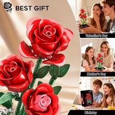 215PCS LED Light Red Rose Flower Bouquet Building Set Valentines Gift for Her
