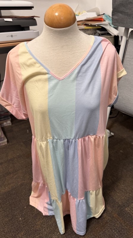 Women's XL Pastel Multicolor Striped V-Neck Short Sleeve Tiedie Dress