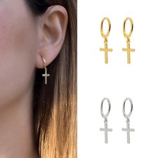 925 Sterling Silver Cross Hoop Earrings Minimal Religious Design Wedding Party