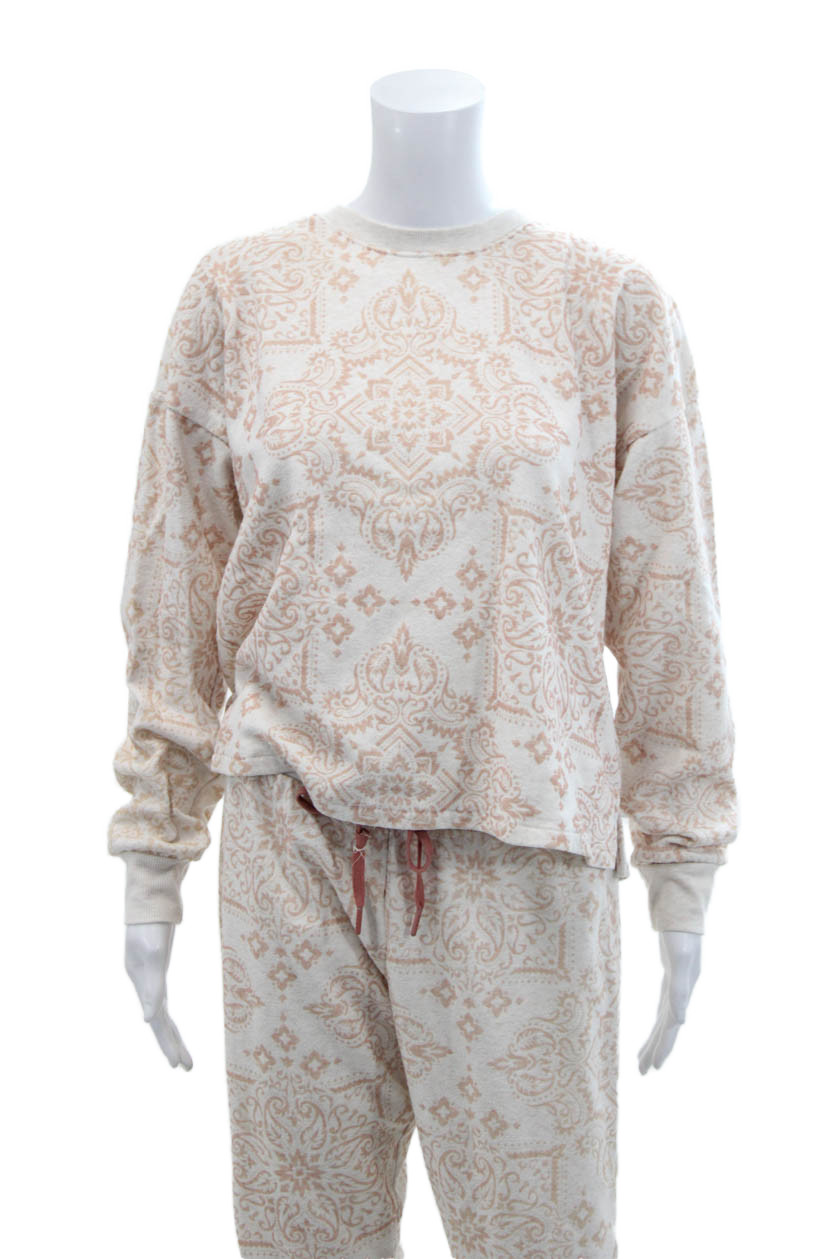 PJ Salvage Womens Crew Neck Abstract Sweater Jogger Pants Set White Beige Medium