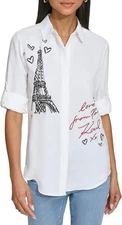 KARL LAGERFELD WOMEN’S SZ M EIFFEL TOWER LOGO WHITE FASHION SHIRT BLOUSE