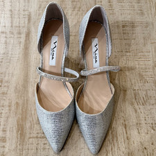 Nina New York Silver Glitter Rhinestone Strap Pointed Toe Pumps Size 8M Wedding