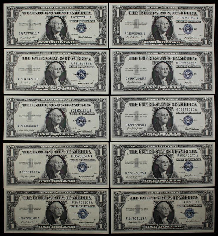 Old Money LOT of 10 1957 $1 Silver Certificates plain series XF to AU AA4727