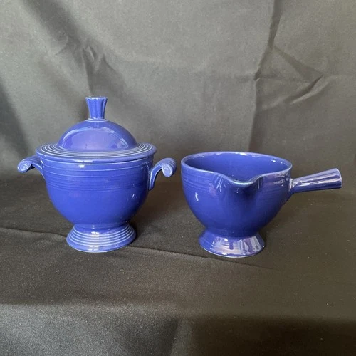 Vintage Fiesta Cobalt Blue Sugar With Lid & Original 1930s Stick Handle Creamer
