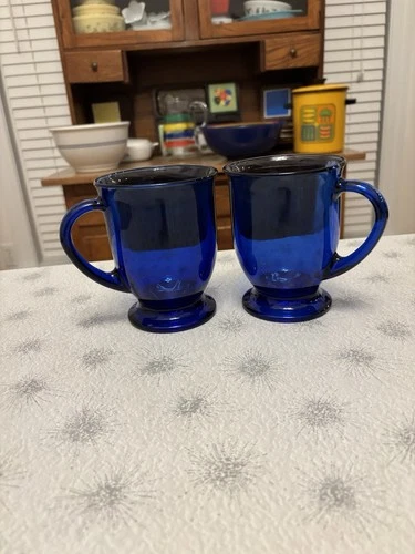 Vintage Anchor Hocking Cafe Cobalt Blue 16 oz Glass Mugs Set of 2